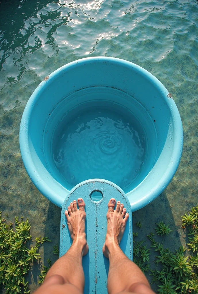 Visual is a scene that looks down from the top. You can see a large plastic bowl, which is filled with water, and you can see your feet dipping in a large plastic bowl filled with water. The foot scene is enlarged, so the human upper body is not visible.