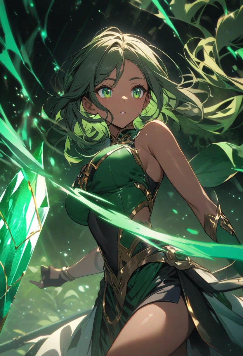 1womanl, {{Dark-skinned}}, Baby face, pointy ear, Happy, Green glowing eyes, Hair over one eye, medium breasts, fairy wings, girl, 8K, Super Detail