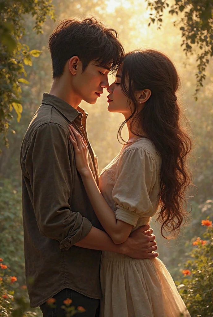 1 man and 1 woman are sitting in a meadow of red flowers, sun sunset, Irish Man, Campo florescente, Dandelion floating in the wind, estilo romance adolescente, casa em um capinique, homem e mulher, casal apaixonado, flores vermelhas, homem de jaqueta de couro e causa jeans, casal: homem e mulhar, Flying dandelion, ultra qualidade, rostos bem bem detalhados, ultra detalhes