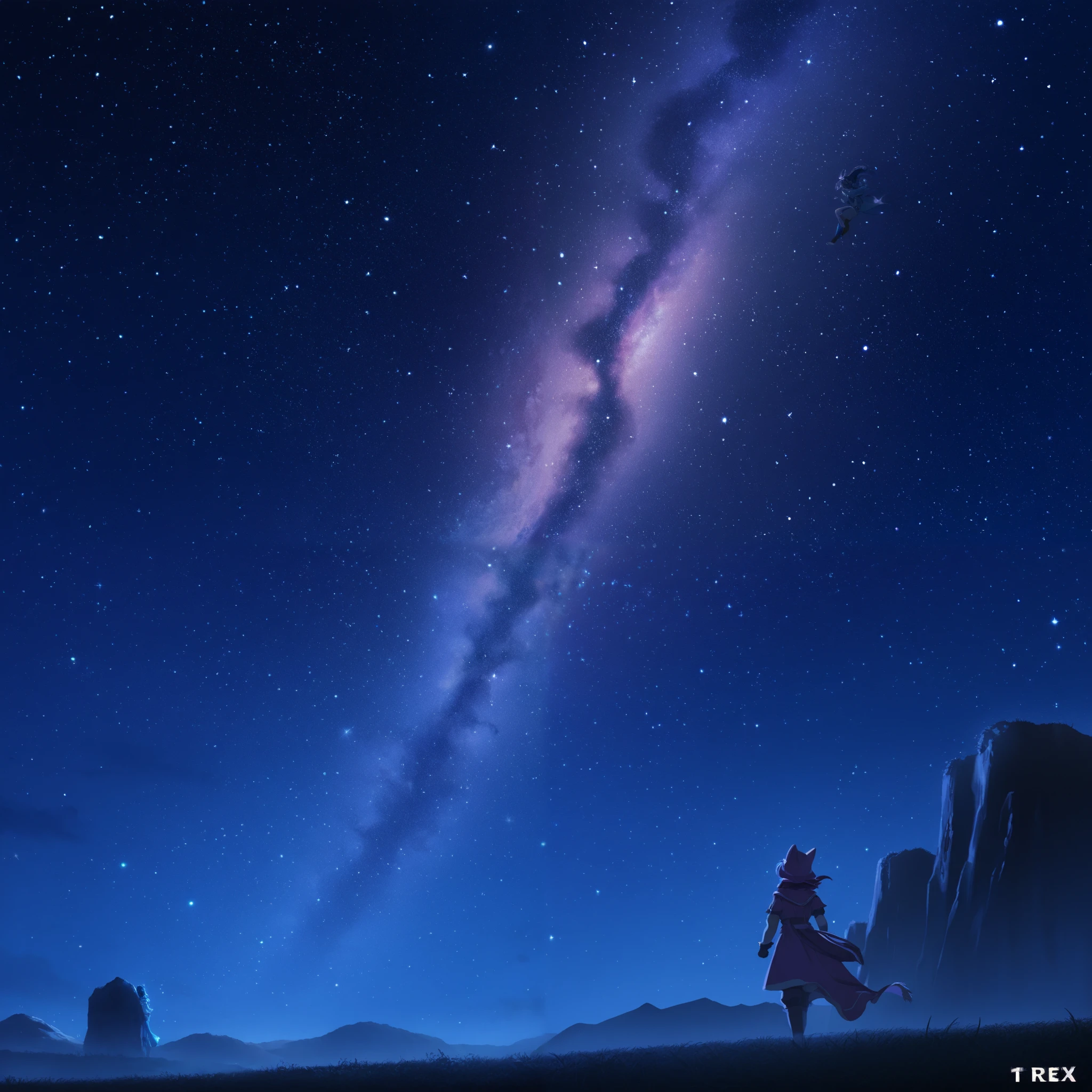 T-rex with magical fantasy highly detailed, it is a deep dream, starry sky, dream like night, fantastic scape,