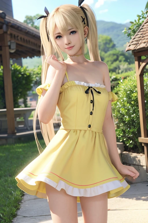 female idol、full body Esbian、lemon covered mini dress、Blonde shortcuts、fairytale、White long boots