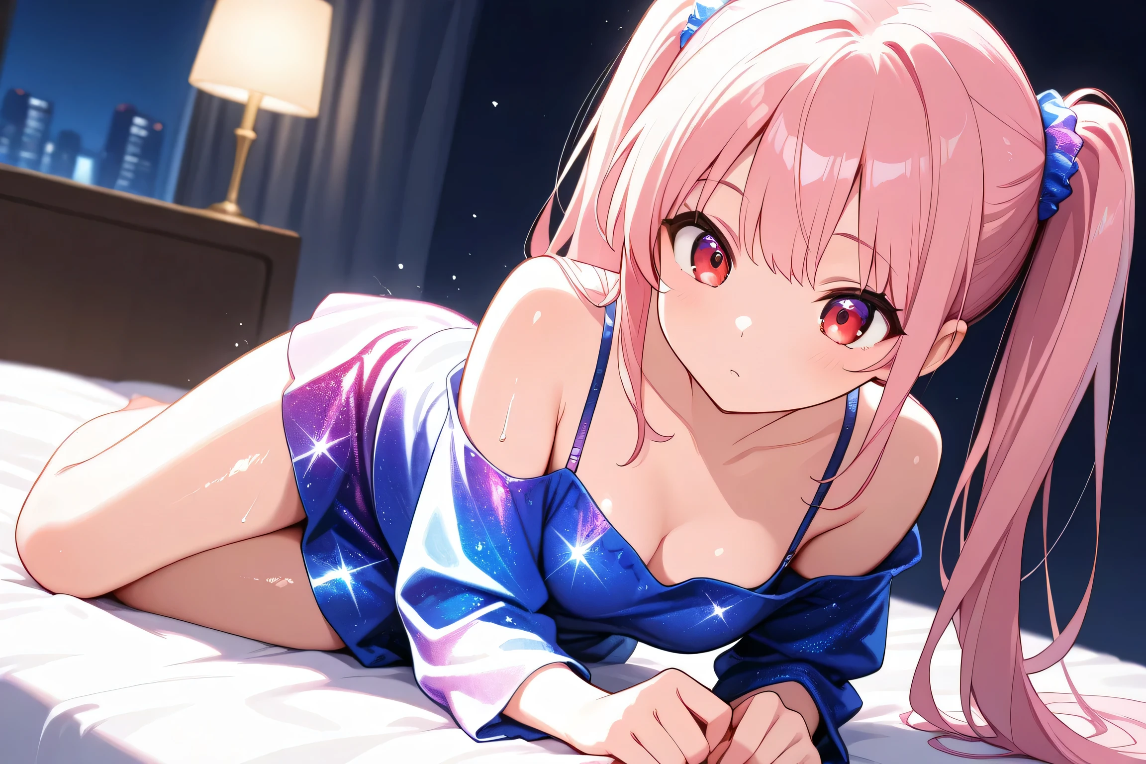off shoulder,1 girl, high resolution, gaze, best quality, Night clothes,pretty girl, pink twin tails, blur background, red eyes, bed,miniskirt,glitter effect, textured skin,