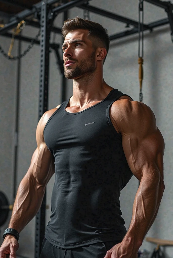 Masterpiece, denoise, void noise, one man, best quality, 8k resolution, male focus, focus only, amazing composition, great lighting, super quality, elegant, Very detailed, (front view), (facing viewer), white light, daylight, blue sky, -----------, 35 years old, mature face, (muscular, thin body), handsome, ((detailed light-gray eyes, detailed eyes)), ((((light blonde hair, short straight hair)))), ((big ears)), ((((thick plenty chest hair)))), ((((pale skin)))), ((((Medium length beard)))), (((((detailed face))))), --------------, (((wearing mesh shorts))), (((torn tank top lifting it up above pecs, lifting up top showing under pec))), ((good surprised face, raised eyebrows)),