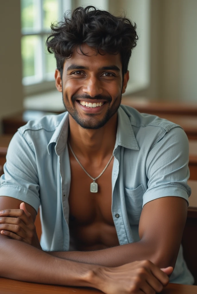 A Indian boy having curly hair, {age 18} ,green eyes,white skin face and dark skin body, smily face , six pack abs, muscular legs, vieny hands , some hair on abs , {wearing a black court} , and lepord style underwear, and seating on a muddy land, some mud on his abs