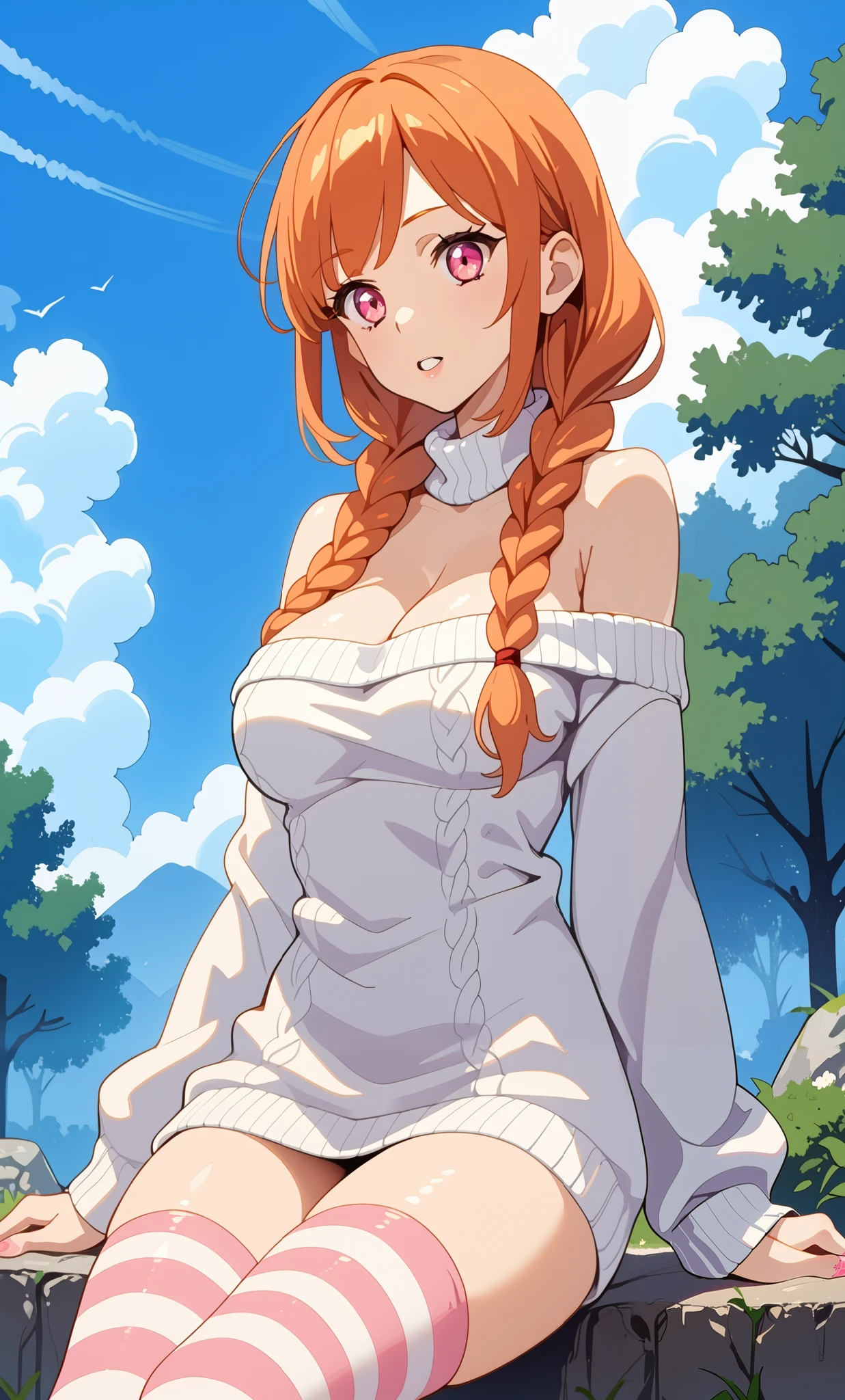 1girl, solo, long hair, large breasts, pink eyes, thighhighs, cleavage, bare shoulders, sitting, orange hair, braid, outdoors, parted lips, sky, striped, cloud, off shoulder, long twin braids, sweater, turtleneck, hair over shoulder, striped thighhighs, white sweater, pink thighhighs