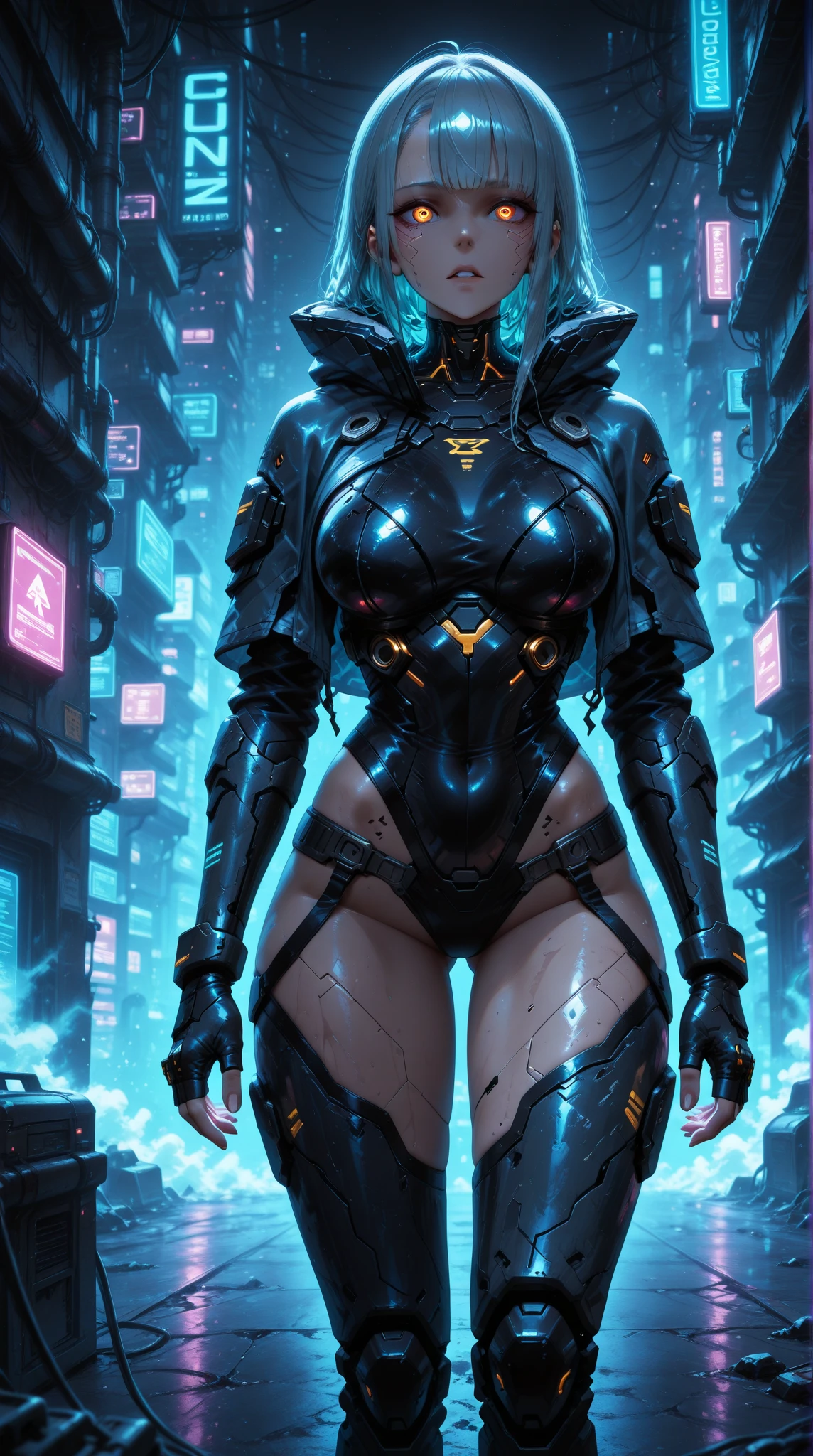 Cyberpunk style, IA avatar, cyberspace, wireframe, matrix, tron, minimal, abstract, virtual reality, black background, neon lights, virtual interface, looking at camera, ebony, dreads, sexy, African American woman, thic
