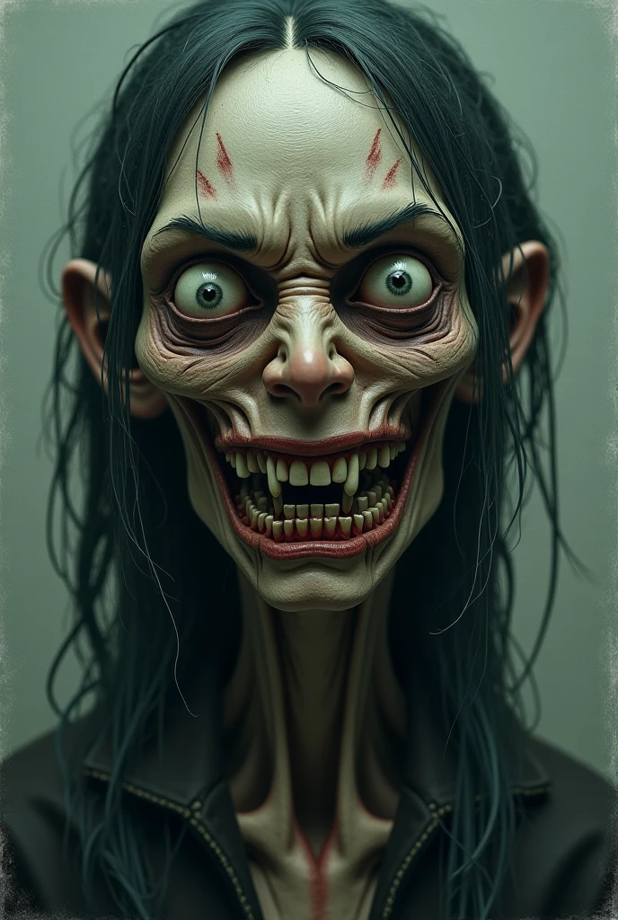 An image of a zombie witch with a creepy face, angry, wide numb eyes, scary open mouth, big sharp teeth with dripping blood and an occult tattoo on the neck, inspired by Junji Ito, junji ito style, art style of junji ito, in style of junji ito, ito junji art, style of junji ito, subtle junji ito, kaethe butcher, inspired by Hannah Frank, fleshy - cyborg - zombie