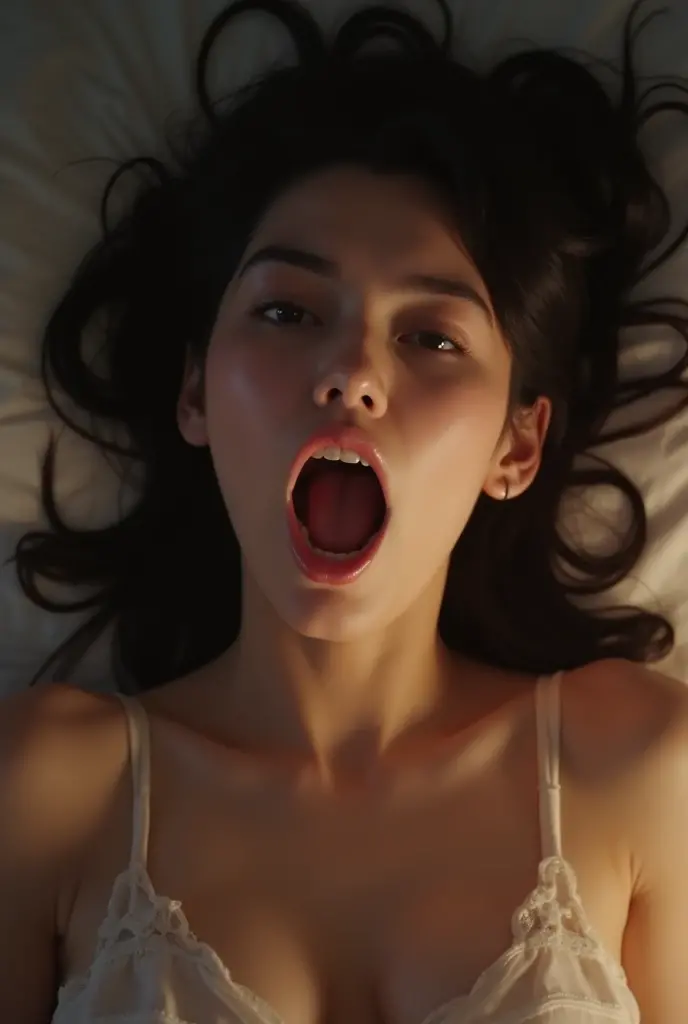 20-year-old girl in pajamas and a black top covered with a sheet on the bed and with her mouth open, the girl&#39;s mouth is big and open,, she has her tongue out, she is very sleepy, ela boceja muito ao mesmo tempo, boca totalmente aberta, ela tem a boca muito aberta, your mouth is exaggeratedly open and showing your tongue, has his eyes closed, facial expression of sleeping and just waking up, she's stretching out (one of the arms up and the other arm is in front of the mouth)