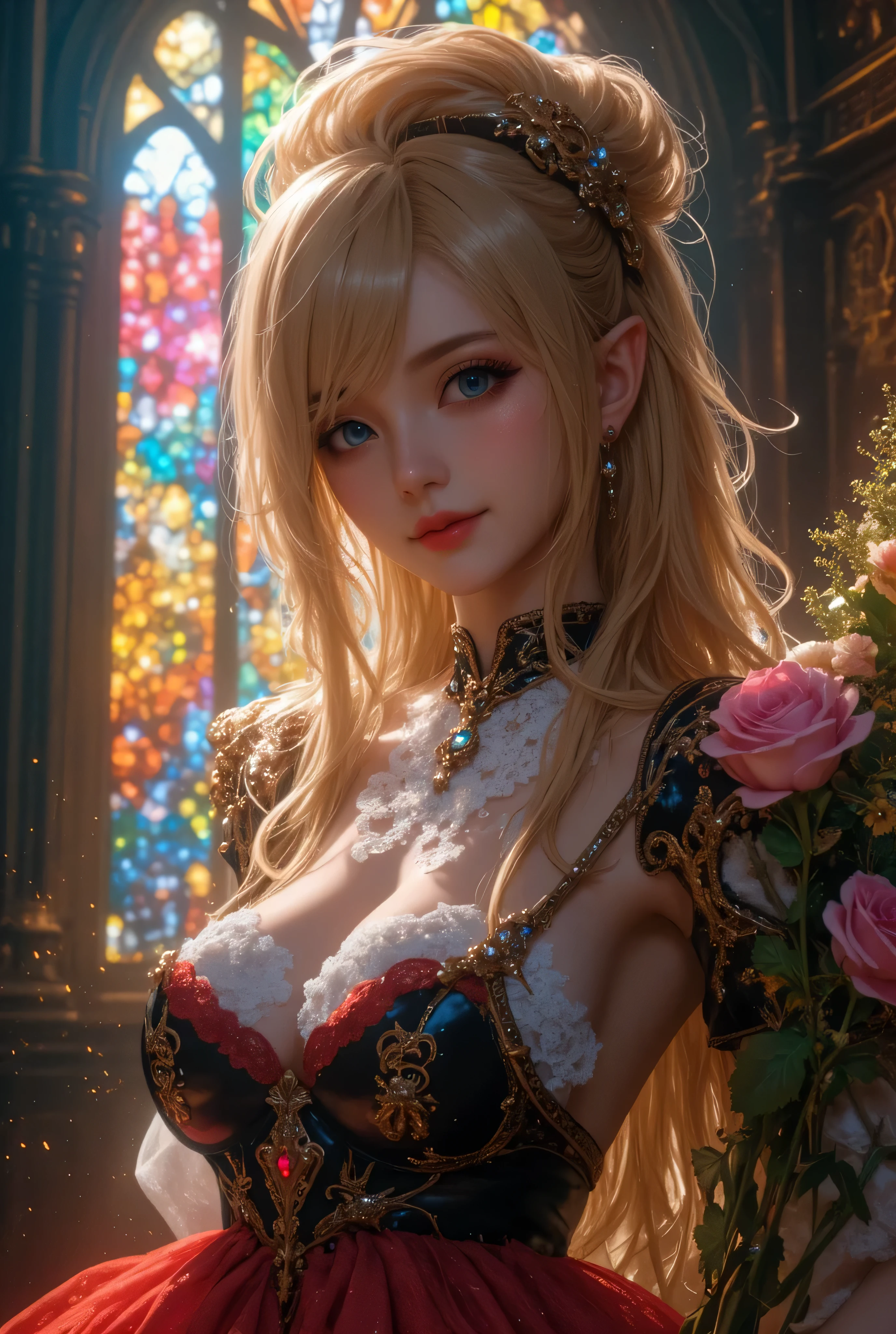 Sexy girl in ((WHITE)) and Delicate lace underwear, with Glossy RED lips, (Exposed:1.2), (nipple:-0.9), { closeup of Cute lips | Dynamic-angle }, ((Dazzling stained glass Background)), (( colorful Light shines through stunning elaborate stained glass:1.2)), vivid Red colors . ((Acutance:0.8, physically-based rendering)), (masterpiece:1.2), (ultra-detailed:1.35), (realistic, photorealistic, ((photo-realistic:1.37))with touch of rawness) . ((Renbutsu Misako)), (Extremely detailed KAWAII face variations, with Dynamic expressions),  detailed eyes with sparkling highlights, captivating gaze, long eyelashes, subtle blush on the face, rosy cheeks, impeccable oiled ivory skin texture . { full of flowers covering girl's body | Mystic sight | haze | Light Particle | Lens Particle | Lens Flare | Dazzling angle's Halo | (Red leather) high collar | Overflowing sideboob } . ((( not Detailed fingers:-0.9))) .