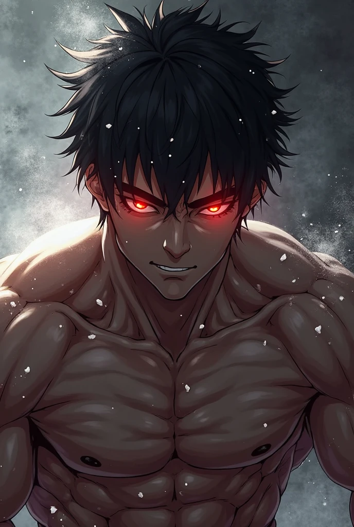 Hot shirtless Anime man with black
hair wolf ears and red eyes