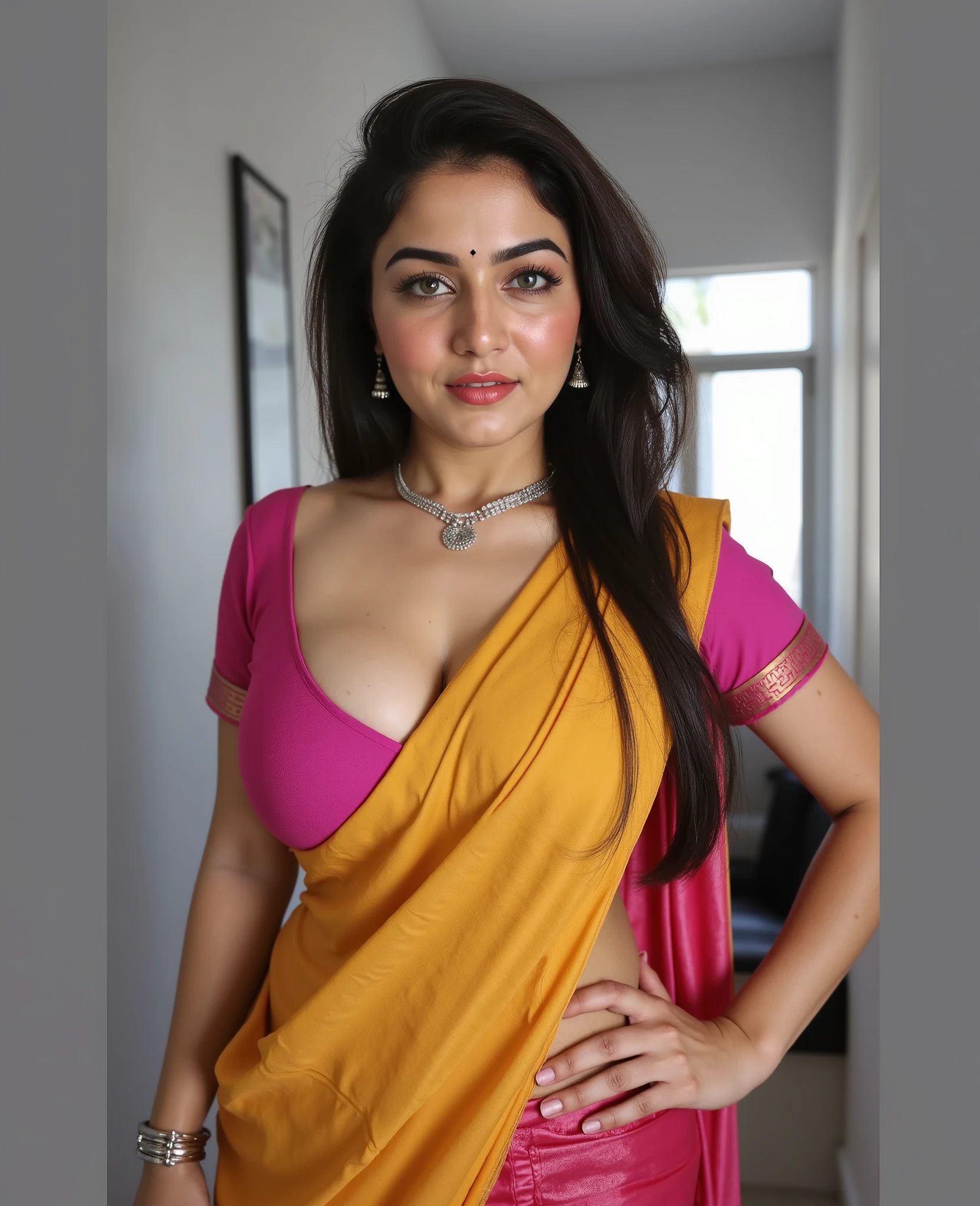 Hot and sexy woman, gigantic breasts, cleavage, wore stylish and design hot and sexy yellow and pink colour saree (Revealing), opening her door (afternoon time), standing & model pose, beautiful body, masterpiece, ultra realistic,detailed, 16 k , Film type light, potrait photography,camera angle front, looking at viewer,(cinematic:1.3), intricate details, (ArtStation:1.2), huge , huge ass