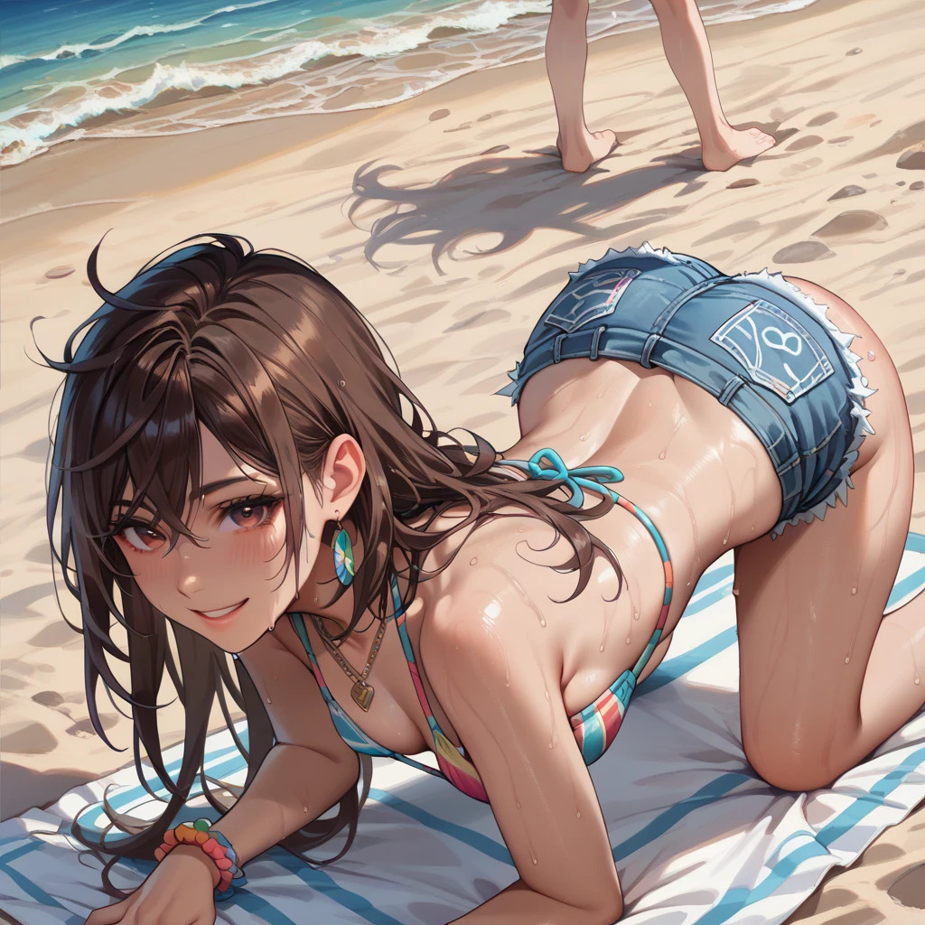 NSFW 4kqulity, top-quality, Ultra-small_Breast,)at the beach, 16 age, sexy pose, Bewitching, flat chest, half striped, , kid, child, cute little sister, nudist beach, kids playing, cute feet, many people, goo, wet, melting ice cream