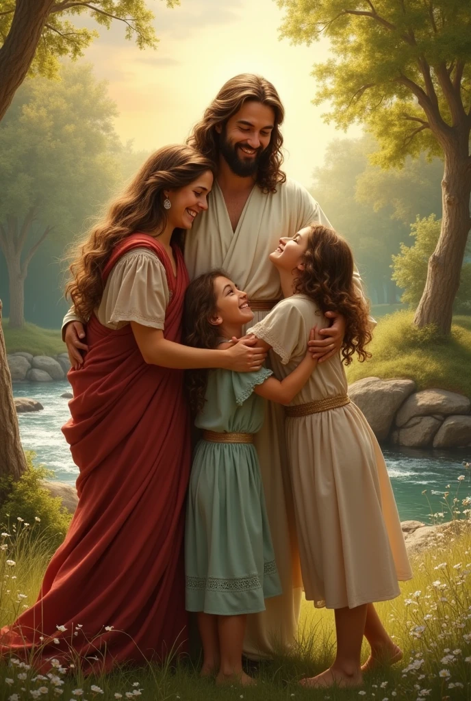 Create Jesus sitting on a rock with white-skinned children on his lap and women bringing the children to Jesus,  and around him men and women dressed in biblical-style robes in a city of ancient Jerusalem, with details of nature in the style of Disney Pixar.