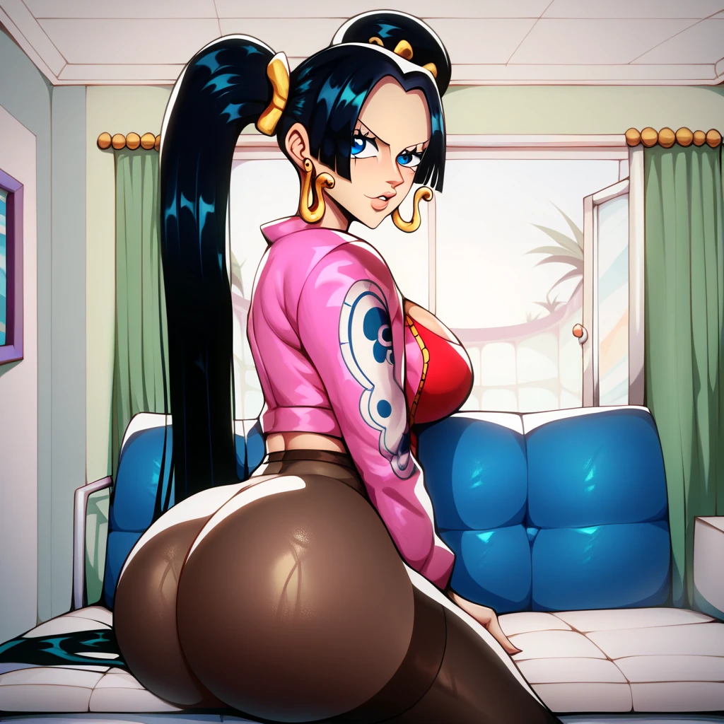 Hyper realistic {Chi Chi Dragon Ball character, from the back touching her buttocks (grabbing the ass)}, perfect body, thin waist, muscular thighs, big ass and round swollen vagina style like the hood of a Beetle, with her back to the camera, symmetrical face , ideal human, 85 mm lens, f8, photography, ultra details, natural light, light background, photo, studio lighting