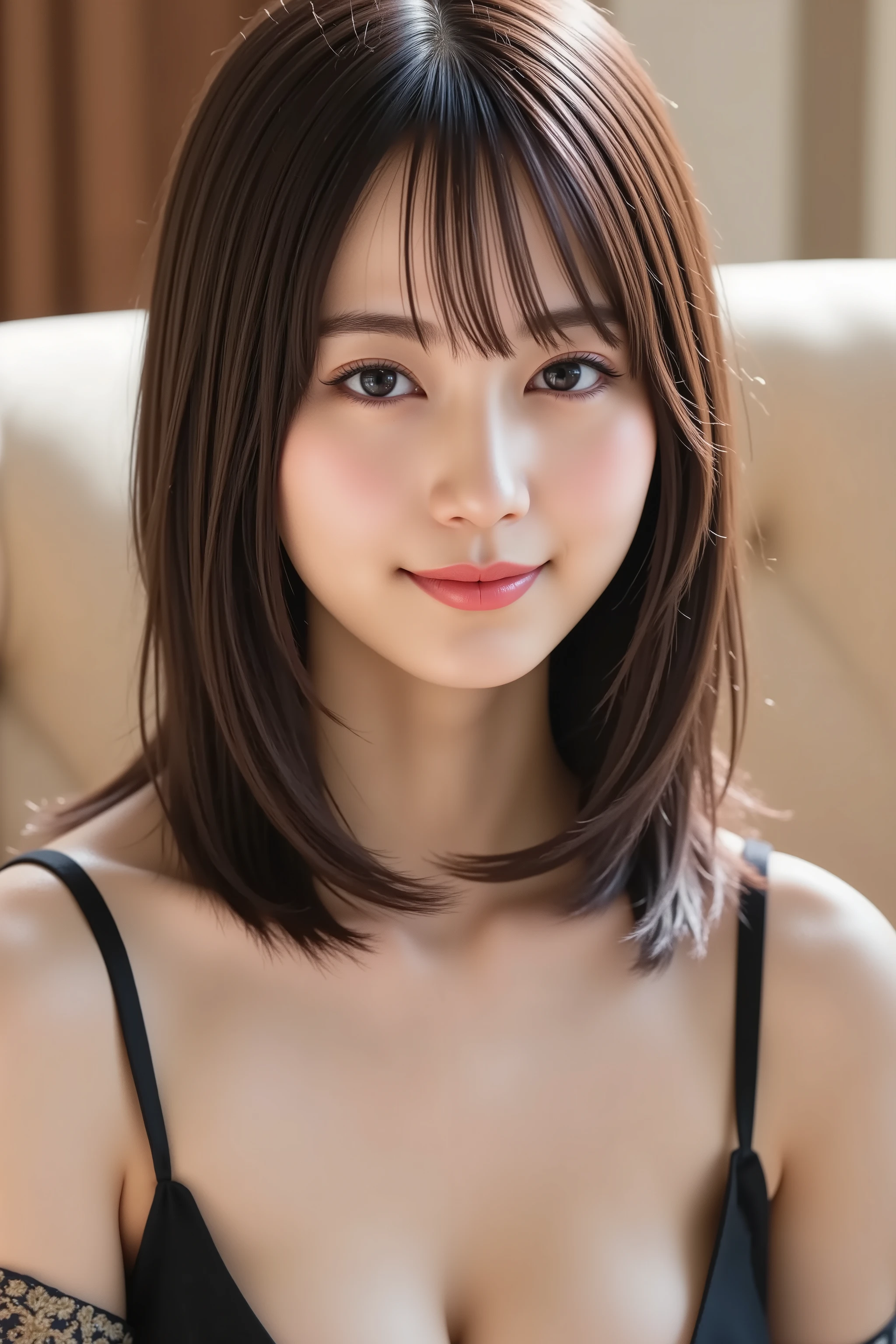 masterpiece, with the face positioned accurately in the center of the image, fine, clean skin、black chori blouse, sofa background、long black hair, Bangs, smile, 8k