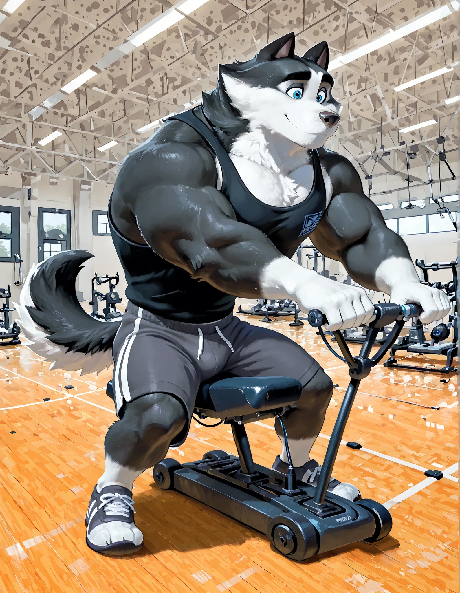 Duke (Arctic Dogs), anthro dog, black fur, white fur, male, blue eyes, high quality, full body, focus on chest workout, Cable Crossover Machine, Cable rowing Machine, solo, gym background, thick arms, muscular, black tank top, dark gray gym shorts, wristbands, gym shoes, cable crossover row, working out,