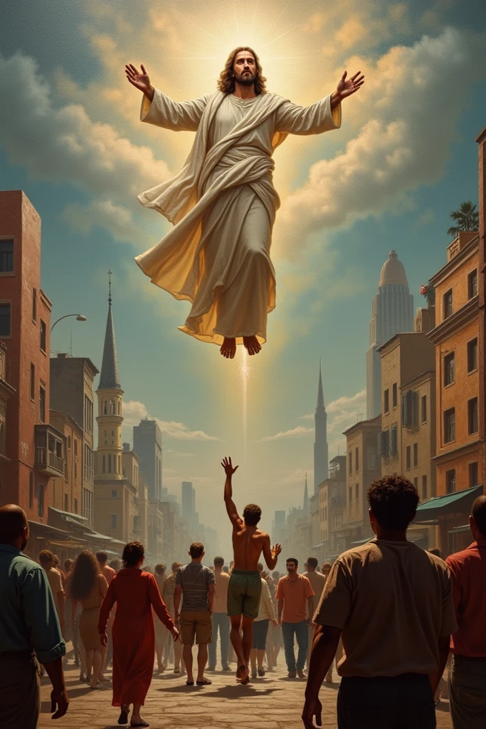 8k, high details, high quality, highres, UHD, masterpiece, oil painting effect, anti Christ fighting with Jesus in a futuristic city, 