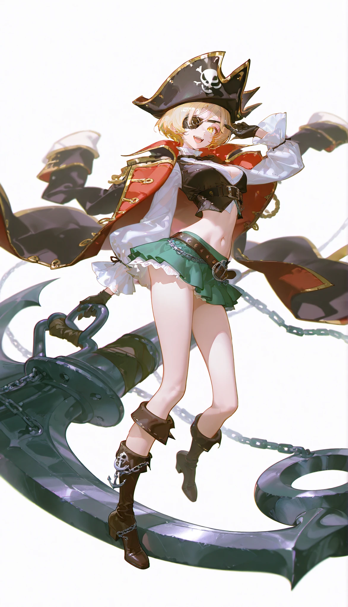 highres,extremely detailed 8k wallpaper,illustration,great quality,masterpiece,best quality,amazing quality,very aesthetic,absurdres,detail eyes,
artist:ask_(askzy),(artist:wlop:0.5),[artist:WANKE],artist:ciloranko,(artist:vixen),year 2023 BREAK
curvy,(narrow waist:1.1),Pirate,-Pirate, 1girl, solo, hat, eyepatch, skirt, navel, weapon, pirate hat, midriff, open mouth, miniskirt, smile, short hair, full body, gloves, boots, blonde hair, green skirt, chain, yellow eyes, looking at viewer, simple background, holding, :d, black gloves, huge weapon, breasts, belt, white background, letterboxed, anchor, holding weapon