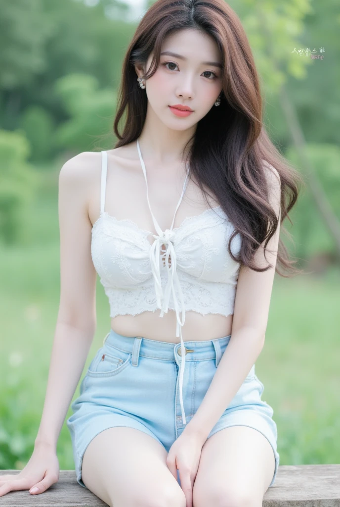 (Best quality, High resolution, Masterpiece :1.3), A pretty woman, Slender figure beauty, Dark brown hair styled in loose waves, (White pale skin), Wearing camisole and shorts, Outdoor with low light, Details exquisitely rendered in the face and skin texture, Eyes with detailed pupils, Double eyelid