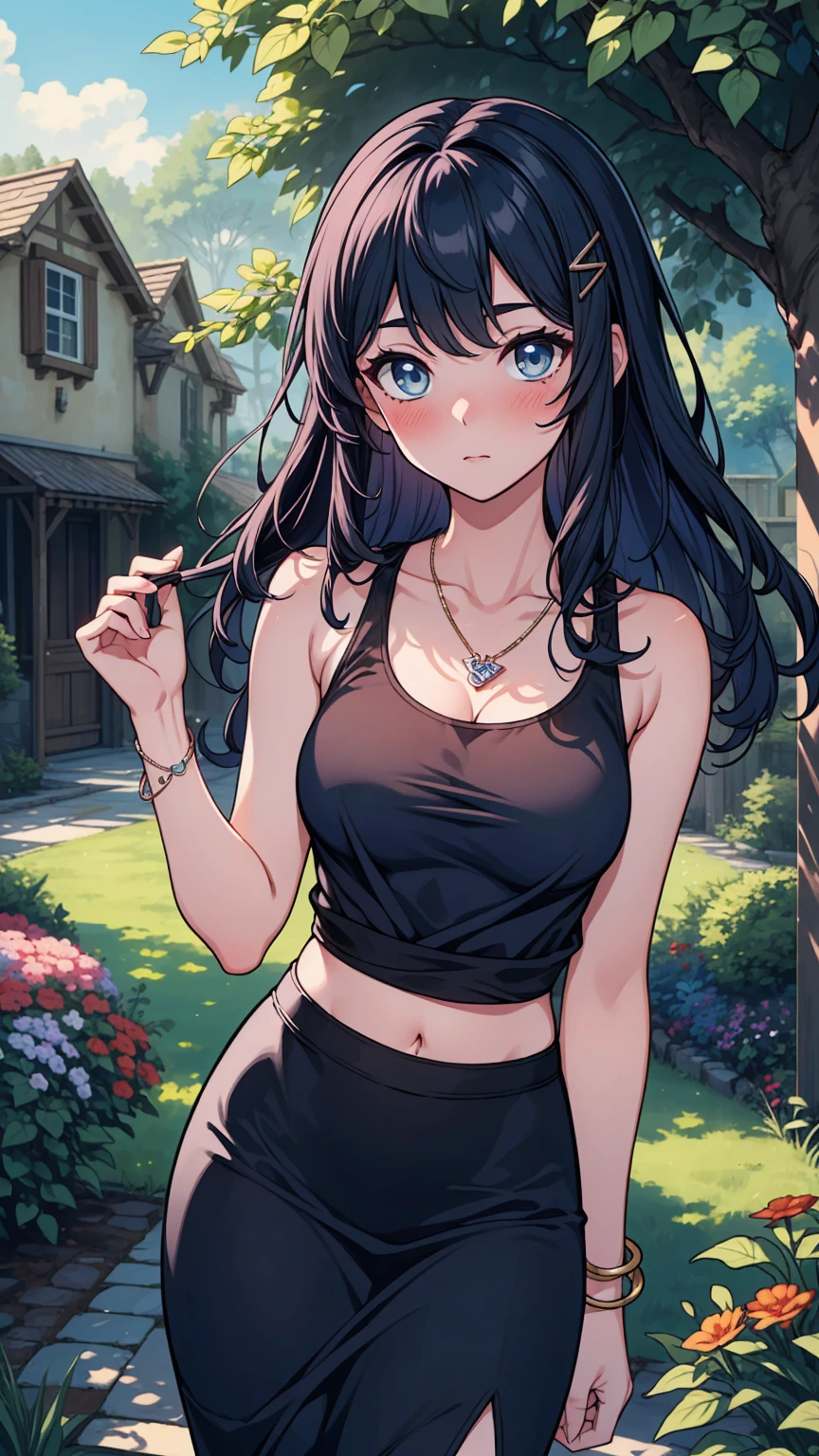 Junior high school student who looks like an elementary school student, 14 years old, very short, 140 cm tall, black hair with a slight green tinge, short ahoge, beautiful long hair but with a little hair sticking out, beautiful round eyes, blue eyes, smile, boyish, long sleeves, Thick clothes, skirt, big breasts, hair longer than waist, long hair, childish face, gentle smile, a little shy, black skirt, black hair with a slight green tinge, boyish, gentle smile, jacket one size larger, ( Deep greenish black hair: 1.3)，(her bra is visible:1.2)