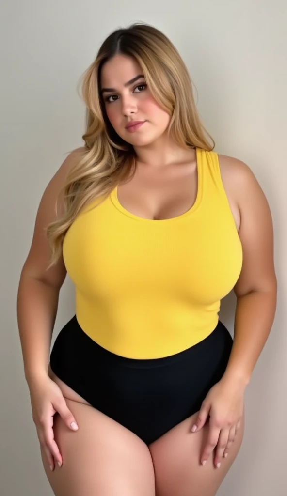 ((best quality)), ((masterpiece)), (detailed), perfect face, araffeTight skirtsShort , thicc, wavy short hair, she has a jiggly fat round belly, bbwchan, wearing tight simple clothes, skinny waist and thick hips, widest hips, her belly is fat and round, soft curvy shape, hyperrealistic full figure, wearing a cute top, wide hips, Blue swimsuit,On the beach by the seaBlue