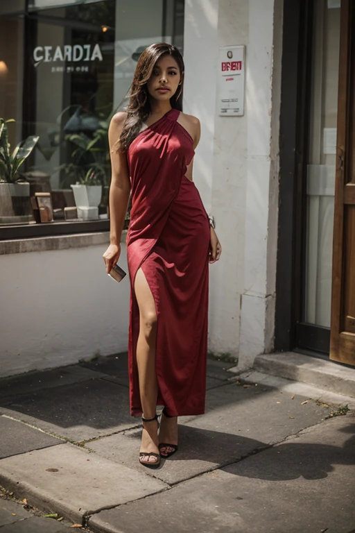 A beautiful model posing alone on palace in a long red dress, black long bob, brown eyes, athletic body, hourglass waist, wide legs, medium breasts, big buttocks, alone