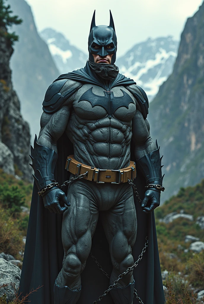 Ultrarealistic, male, pale skin, bald, long beard, wearing a batman costume, standing on a roof, at night