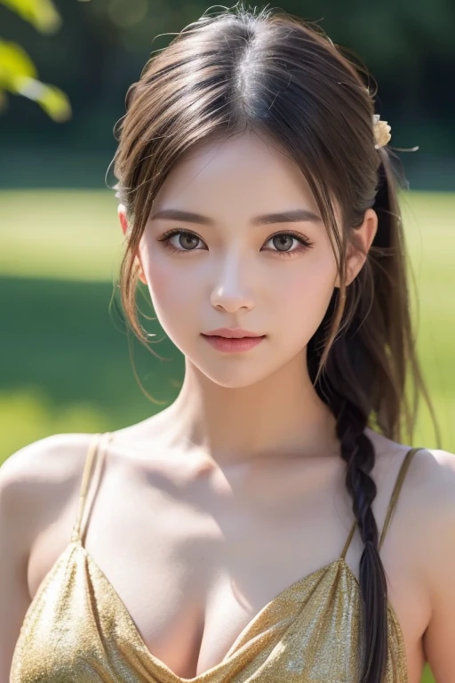 a beautiful young girl standing in front of a blue jacaranda tree, detailed facial features, stylish hair, striking blue eyes, delicate pink lips, flowing golden hair, ethereal aura, serene expression, dappled sunlight filtering through the blue blossoms, lush green foliage, dreamy, whimsical, fantasy-like, digital art, highly detailed, cinematic lighting, vibrant colors, photorealistic, 8k, above knee length glitter red dress, Standing, smile, butterfly's, Curved position 