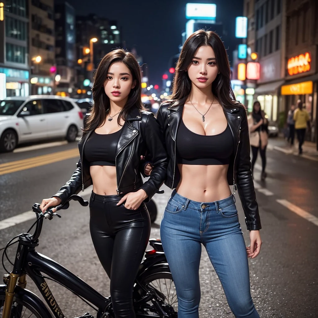 cyberpunked,girl with,girl,leather jackets,leather pant,masterpiece,Brown hair,motor bikes,huge tit,Long,a smile,超A high resolution,Excellent style,beautiful a girl,blue eyess,