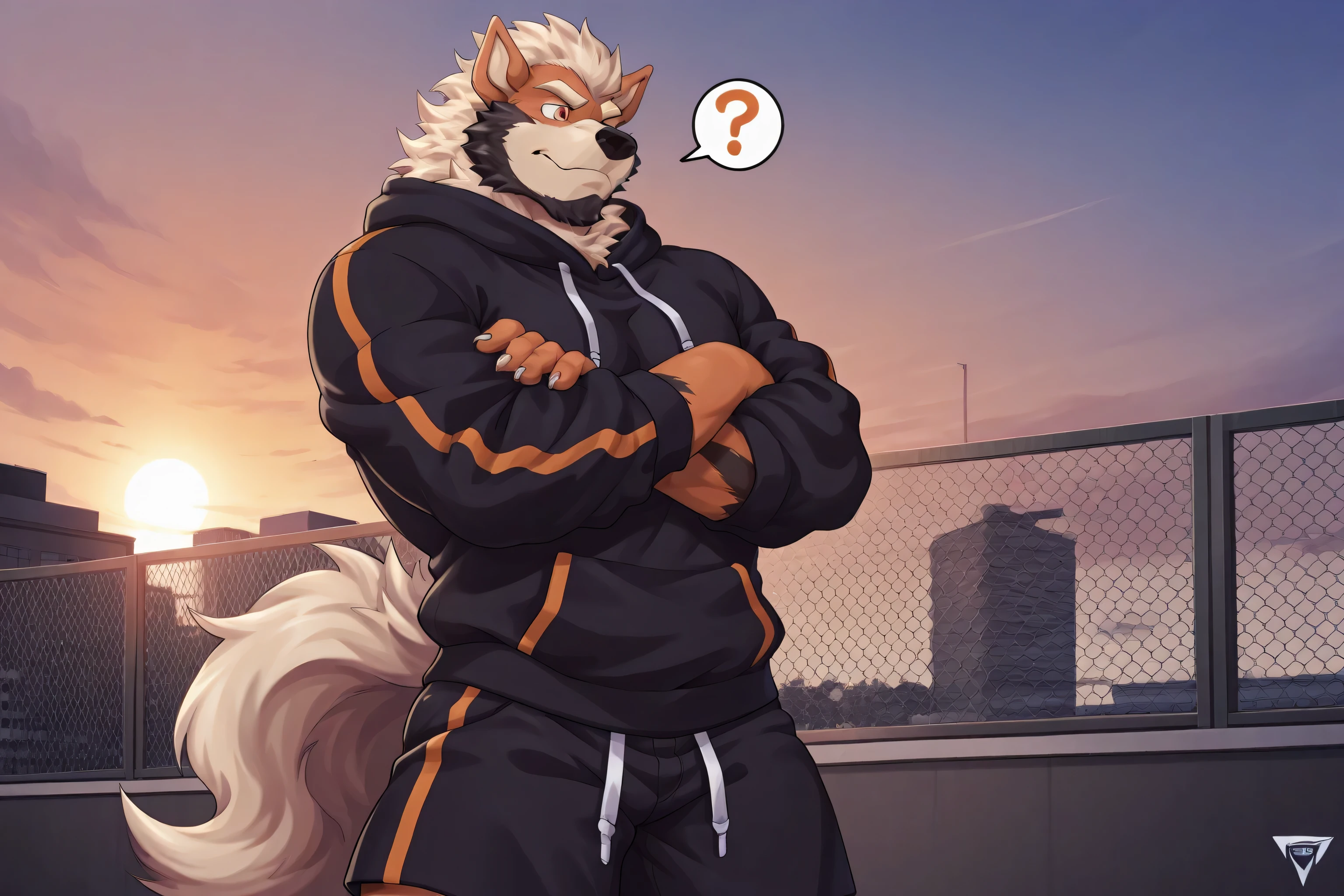 solo, 1boy, arcanine, (black beard:1.3), furry, bara, orange eyes, black hoodie, black shorts, natural body proportions, closed mouth, Questioning gaze, Disgusted expression, standing with crossed arms, campus rooftop, outdoor, afternoon, score_9, score_8_up, score_7_up, cowboy shot