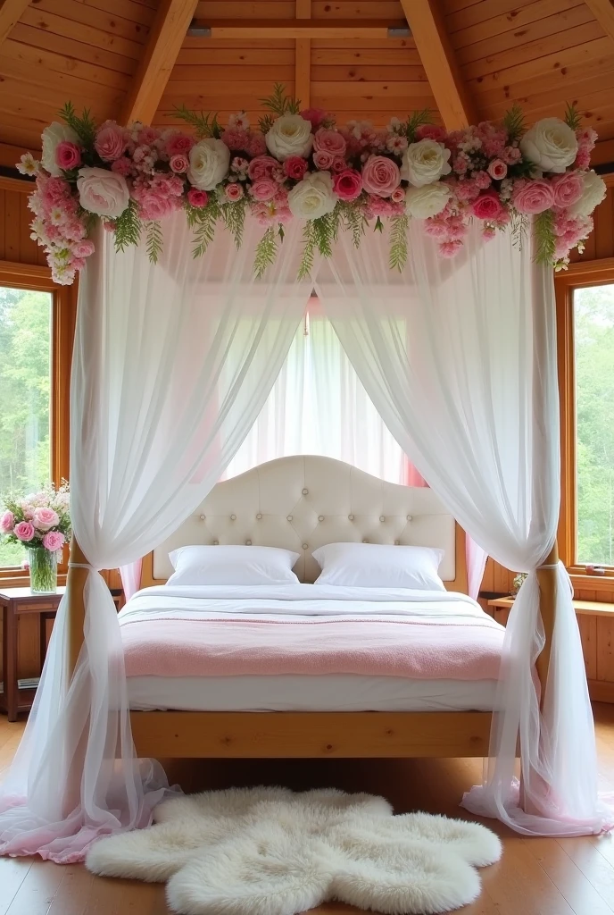 A romantic bedroom with a canopy bed draped in white lace curtains. The bed is adorned with soft, pastel-colored pillows and a white lace bedspread. The room is illuminated by the soft glow of candlelight, creating a warm and inviting atmosphere. Fresh flowers are arranged on the bedside table.