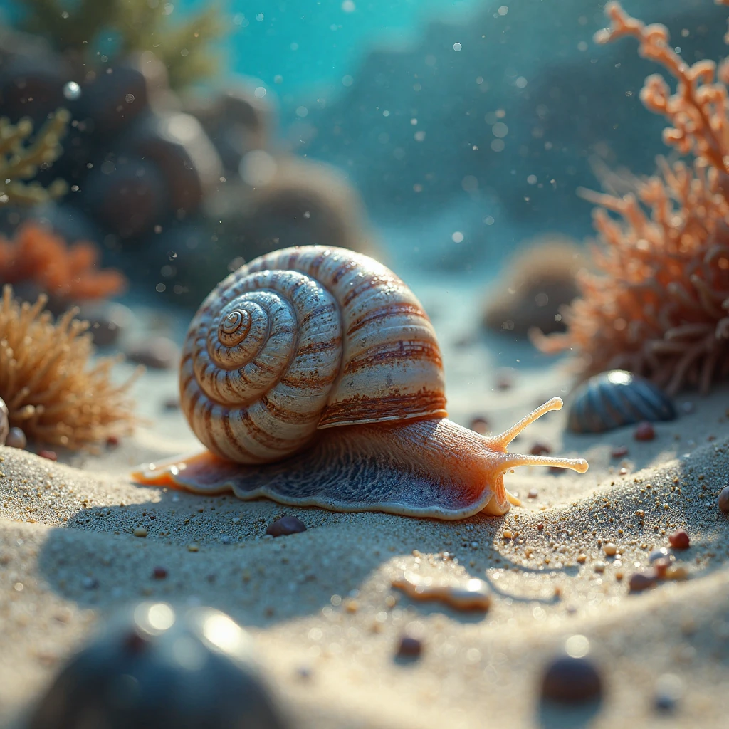 Snail by the sea,setting sun with reflection on the water. --auto --s2