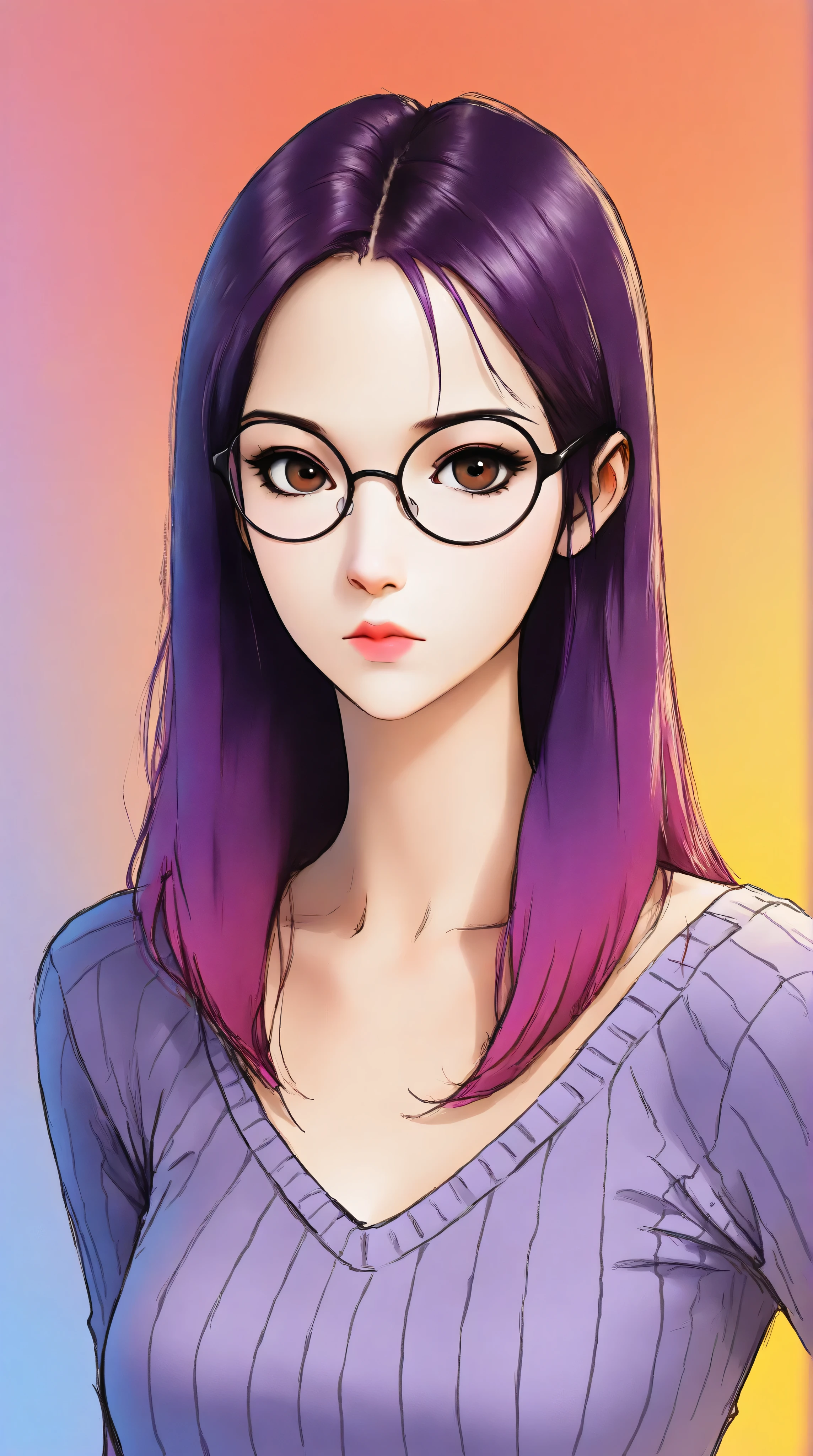 (best quality, sketch:1.2),realistic,illustrator,anime,1 girl, detailed lips, sweater, custom, red gradient background, neon hair, reddish purple hair, straight bobbed hair, no bangs, Forehead showing, wearing glasses, dour, expressionless, critical, mysterious, cool vibes, textured cropping, masterpiece, style retro classic, noir dark