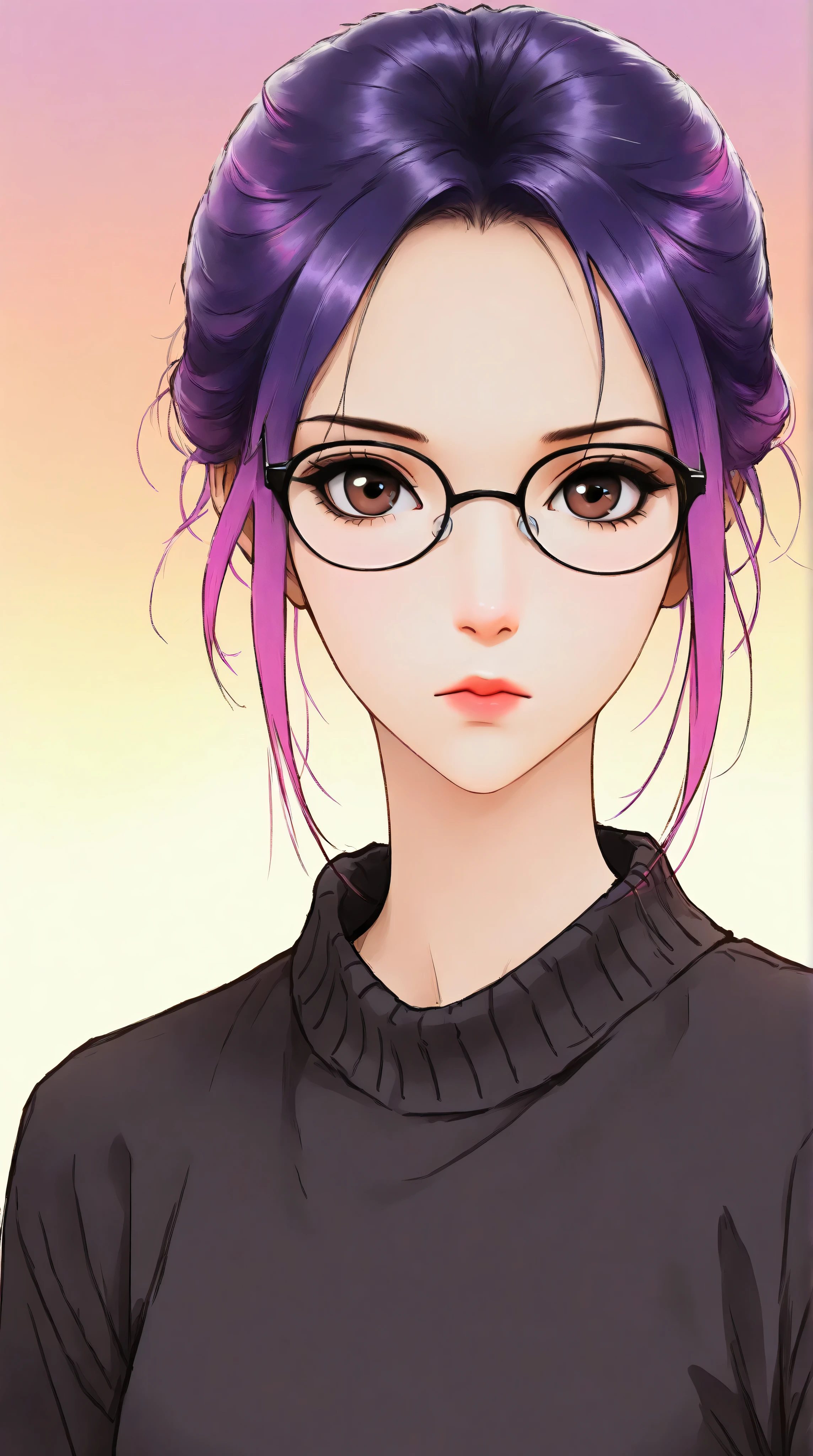 (best quality, sketch:1.2),realistic,illustrator,anime,1 girl, detailed lips, sweater, custom, red gradient background, neon hair, reddish purple hair, straight bobbed hair, no bangs, Forehead showing, wearing glasses, dour, expressionless, critical, mysterious, cool vibes, textured cropping, masterpiece, style retro classic, noir dark 