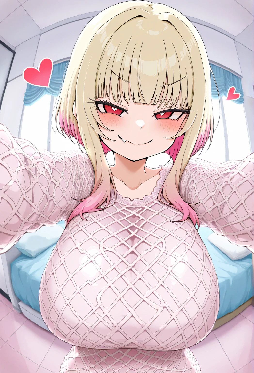Cartoon character drawing with heart on chest, one girl, breast, one eye closed, long hair, animal ears, green eyes, thighs, blonde hair, solo, heart, navel, smile, open mouth, sweater, very long hair, pink hair, big breasts, underbob, white background, arms up