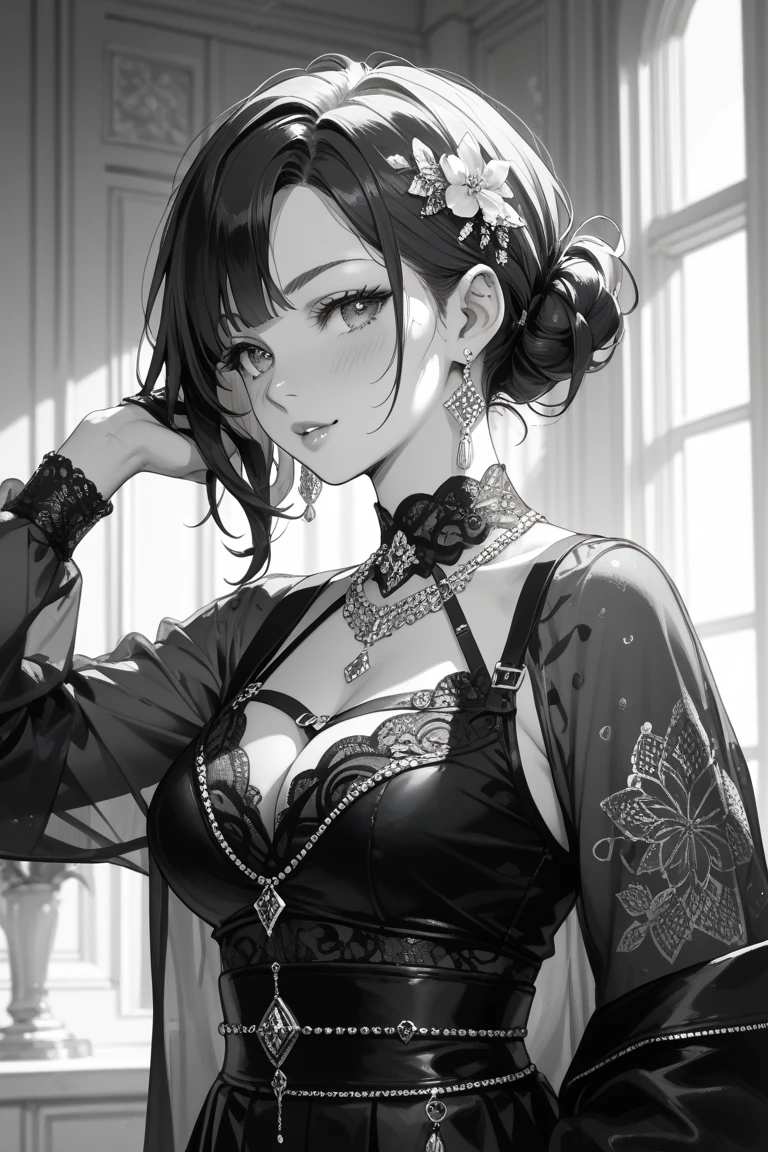 "(cartoon, painting style) portraying a mature woman wearing a masculine white button up and black formal pants, fancy earrings, choker short wavy black hair with red highlights in a portrait, close-up, succulent defined lips, defined neck, standing with a head tilt, looking at the viewer,  blank dark red background, accentuating the heavy makeup - resulting in a masterpiece of the best possible quality."
