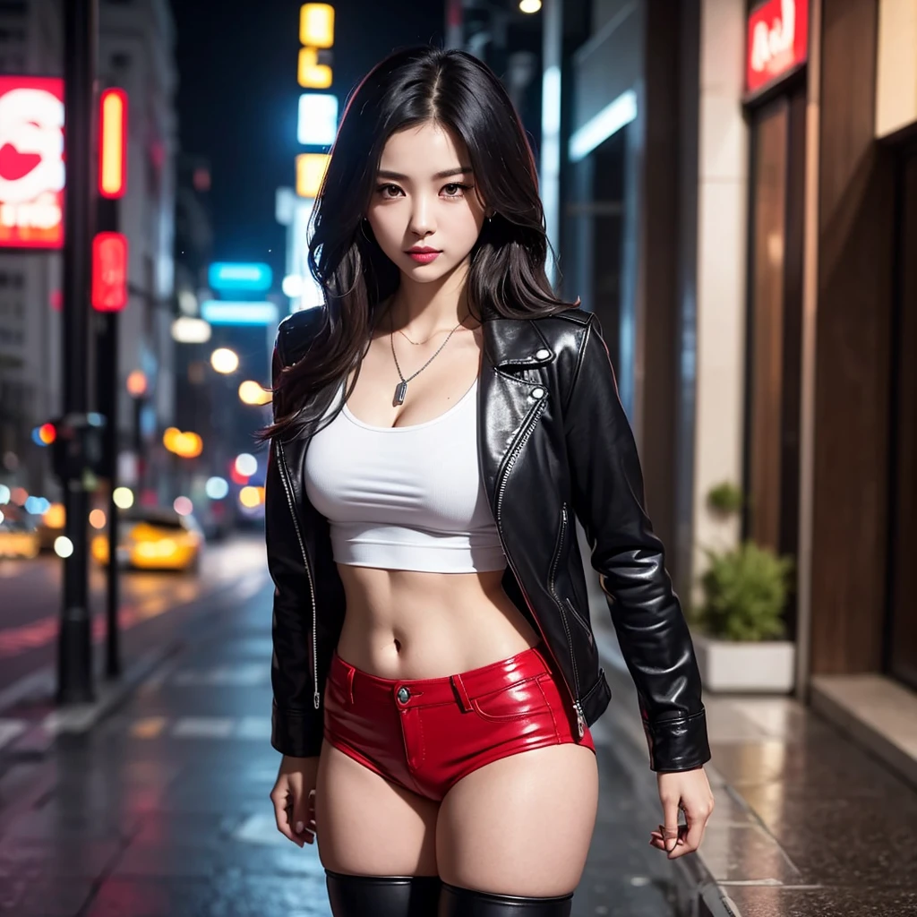 (((Masterpiece))), best quality, ultra-detailed CG unity 8k wallpaper, cyber city, tokyo, big future city at night. (1girl, solo, alone), large-breast:1.2 slim:0.7 body, long:0.4 hair, cleavage:1.1, sexy micro:0.5 laced lingerie with jacket:0.6, (black sunglasses), ((she raised a pistol:1.8 and shot the viewer)), running pose, ((half-body thigh:0.95 level medium shot)), cinematic lighting, lens flare, ray tracing.