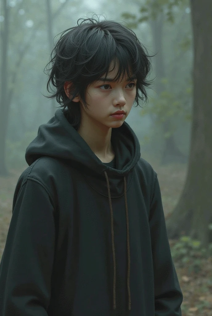 A teenage boy with long tangled black hair that covers his right eye, his visible eye pale, ice blue, with scars all over his neck and chest, wearing a thin linen shirt with three small feathers on a cord around his neck