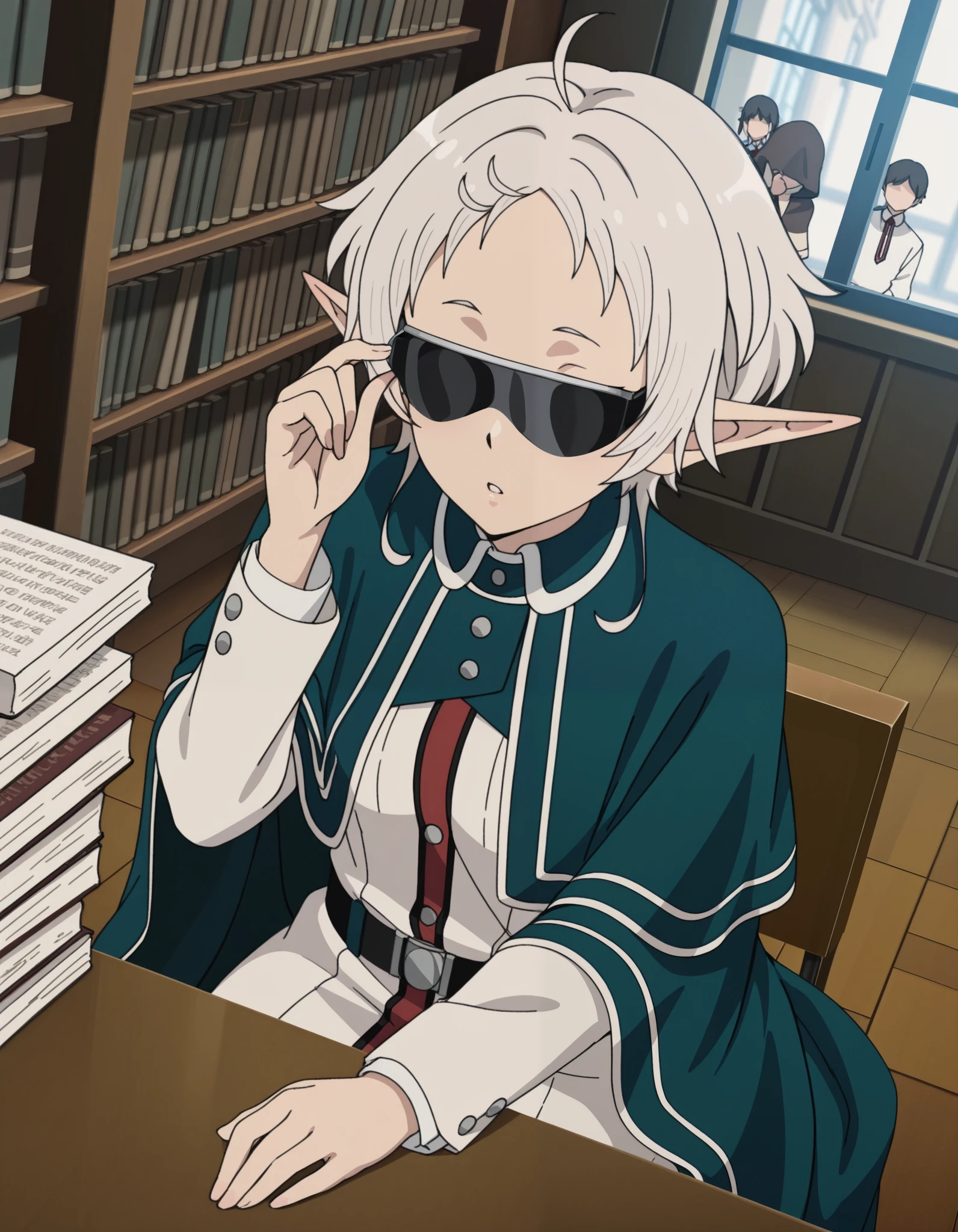 masterpiece, best quality, amazing quality,, sylphiette, short hair, ahoge, white hair, pointy ears, elf, mature female, anime screencap, long sleeves, uniform, shirt, white shirt, university, parted lips, solo, cowboy shot, solo, sunglasses, capelet, cape, window, ((taking glasses off)),
long sleeves, uniform, shirt, white shirt, (((dutch angle))), sitting, desk, library, (piles of books), front, from above, (((((faceless)))))