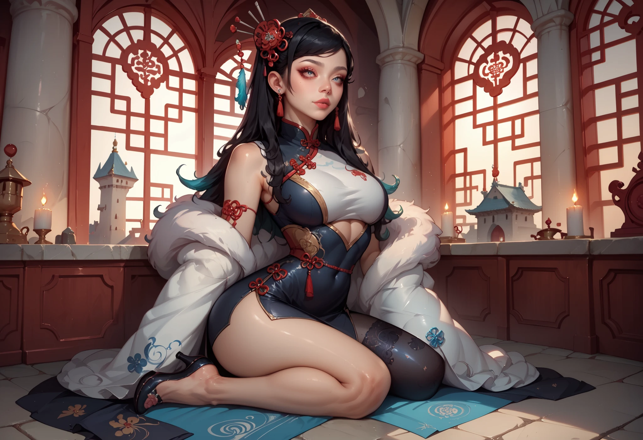 (((8K, masterpiece, best quality, ultra detailed))), HDR, lens flare, particles, chinese gorgeous royal style, A cute chinese princess on a throne in a palace, (composition close to her), (perfect anatomy), spread legs, lift up skirt, show off panty, ((detailed short cheongsam, detailed face, detailed smooth skin legs, detailed red eyes, detailed straight black hair)), large breasts, many large presence accessaries, stiletto heel, tiara, hair ornaments, earrings, bracelets, anklets, trinkets, smoky makeup, eyeshadow, heavy makeup,