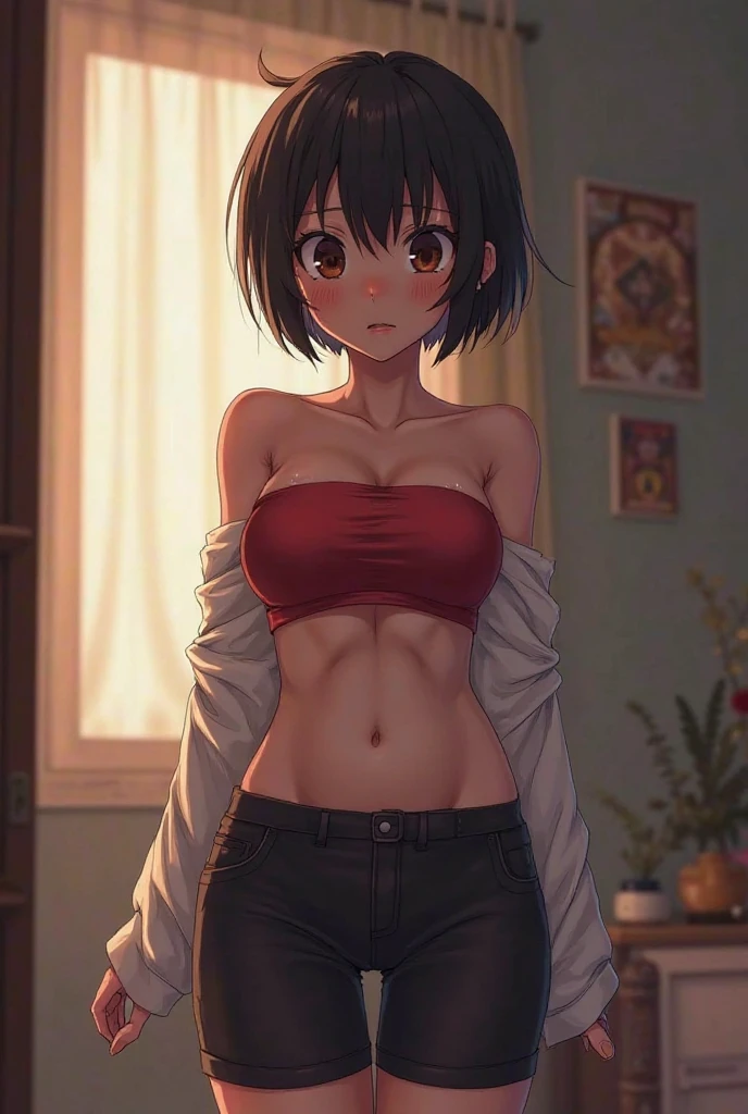 Solo anime girl (1girl) a manga drawing by Kentaro Miura, trending on pixiv, shin hanga, Red bra, (Red Bra) ((No shirt)), baggy pants, Red eyes, toned body, abs, seductive anime girl, teasing smile, Black Hair, Short hair, Hairstyle: Short Pixie Cut (sfw) safe for work, sfw version, top rated on pixiv, oppai, gapmoe yandere, handsome anime pose, hair is short on the sides and on the top, pretty hands, good anatomy