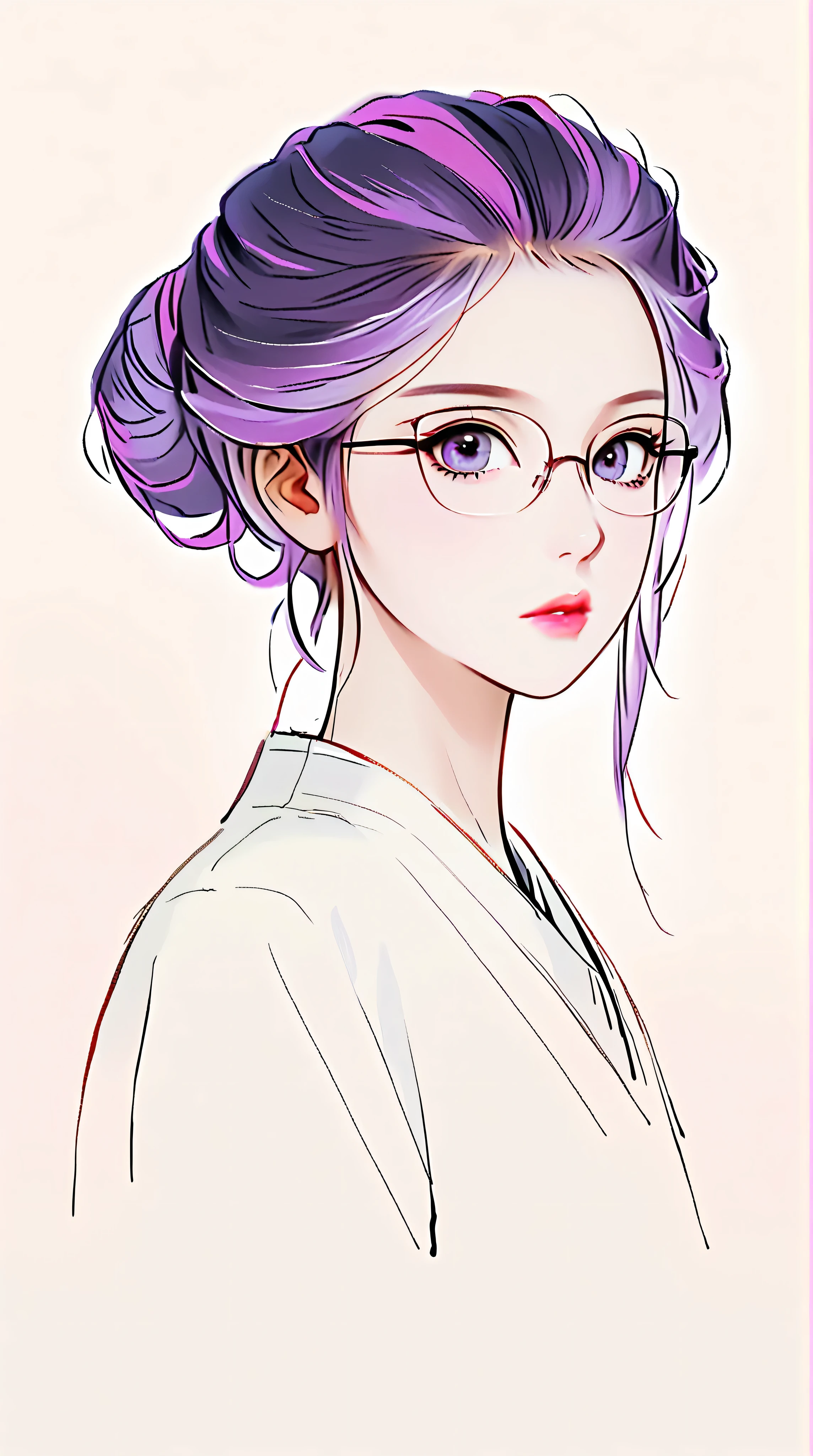 (best quality, sketch:1.2),realistic,illustrator,anime,1 girl, detailed lips, sweater, custom, red gradient background, neon hair, reddish purple hair, straight bobbed hair, no bangs, Forehead showing, wearing glasses, dour, expressionless, critical, mysterious, cool vibes, textured cropping, masterpiece, style retro classic, noir dark