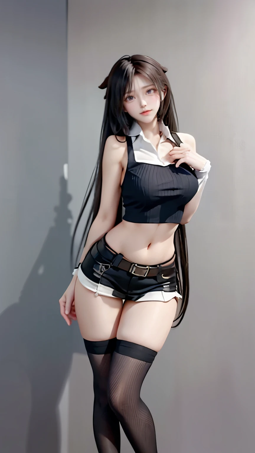realistic, realistic details, detailed,
1 girl, solo, dynamic pose, sexy pose, narrow waist, full body, fit, <lora:fitgirl_4:1.0>, <lora:add_detail:0.6>,
------
(pureerosface_v1:0.5) , (ulzzang-6500-v1.1:0.5), <lora:00.SAFACE02:1.0>
beautiful face, shaded face, smaller face,
------
cowboy shot, wide shot,
library, book, stairs, standing,
------
long hair, smaller head, large breasts, high ponytail, closed mouth, black hair,
------
<lora:beltbra_v0.1:1.0> beltbra, absurdly long hair, denim shorts, thighhighs, taut clothes, Underboob, bare shoulders,