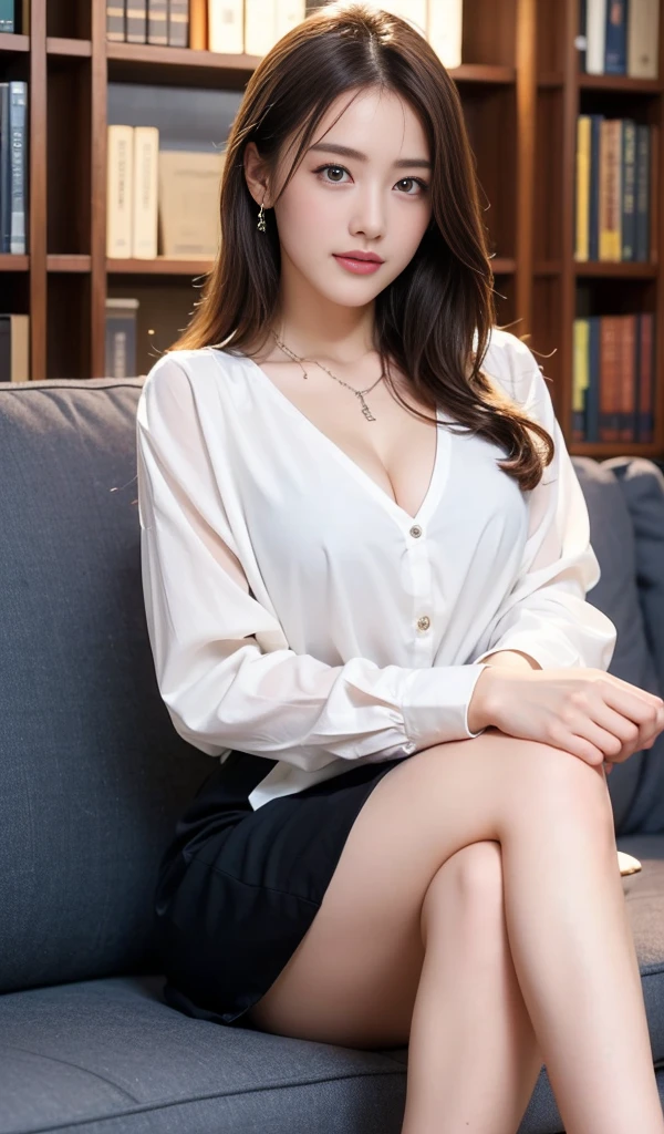 the most beautiful woman's face in the world, the perfect body proportions for a woman, blazer is worn on shirt, right shape of her vagina between opened legs, two pairs of labia, her pubic hair, she is sitting on a couch in the living room, she is the prettiest actress in japan, nsfw, best quality, highly detailed, masterpiece, ultra high res, photo realistic, 8k