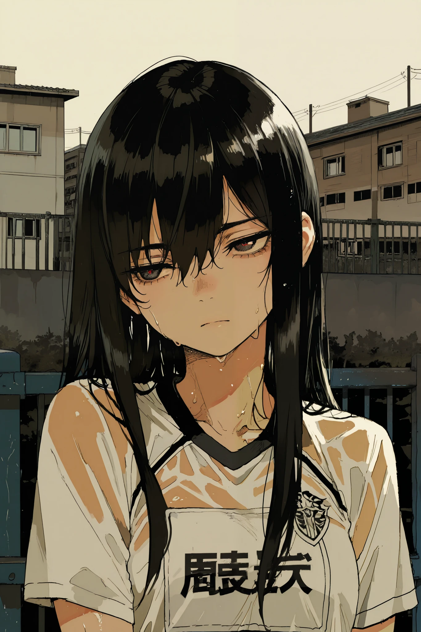 Girl with a serious melancholic expression from anime, long black hair, Anime style, sports uniform, portrait in the foreground, half body, front view looking ahead looking into the distance, Serious melancholic look cuero suave, Minimum fund, inner environment, faint environment , sharp focus on the face, digital illustration, Age girl , Serious melancholic look, Detailed, without deformations, wallpaper, rostro Detailed, sports uniform Detailed, sports uniform without deformations, cuerpo without deformations, cuerpo Detailed, serious melancholic eyes, without deformations Detaileds, modern buildings background, modern gym backgrounds, modern buildings detailed, gimnasios escolares modernos without deformations, gimnasios escolares modernos Detaileds, gimnasios escolares modernos without deformations, Semi-sweaty girl, ojos without deformations, ojos Detaileds, supported by a gym fence, detailed fence, cerca without deformations, Modern school gymnasiums background, without deformations,