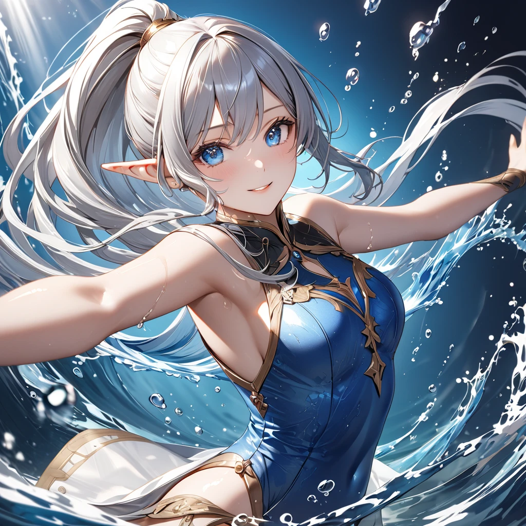 Swimming 1, Destiny Archetypes, Wow!, Bare shoulders, blue nullnull, vague, vague background, Split, null, Depth of written boundary, Gray Hair, Hair between the eyes, Hair Intake, Please raise your hand, Medium chest, belly button, outdoor activities, nullnull