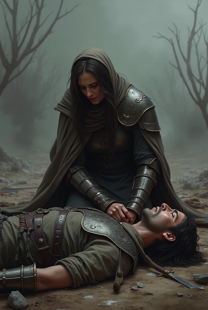 Helmetless warrior crying over the death of her husband 