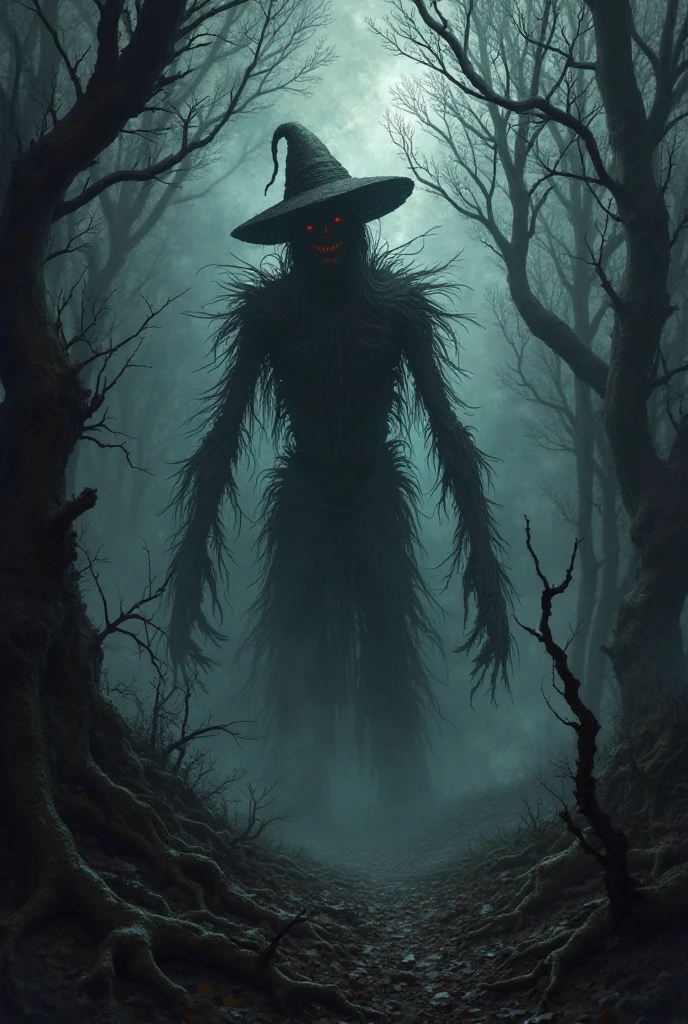 storyboard sketch of Malevolent scarecrow stalking through a moonlit cornfield, crows watching. Straw-filled grin, glowing ember eyes, hat tilted, crops rustling.
