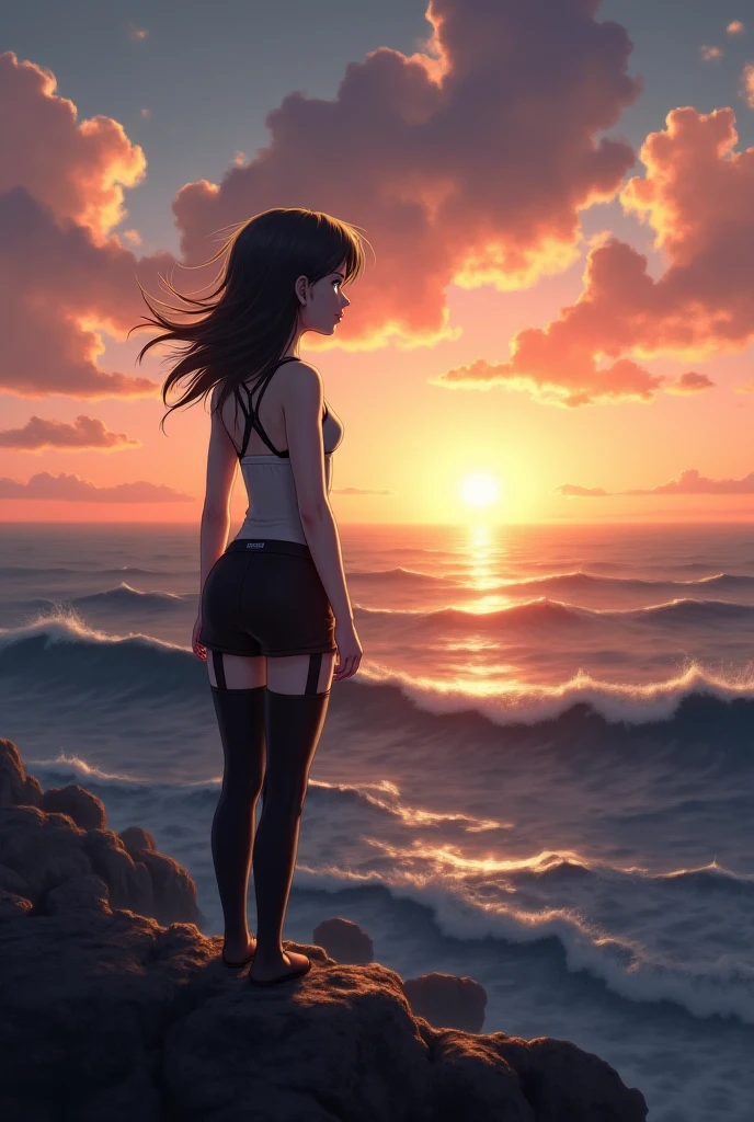 Best_quality,1_girl,8_year_old,thin_legs,tight_clothes,JC,open_legs,look_up,small_breast,wet_underwear,full_body:1.2,see_through,sunset_background