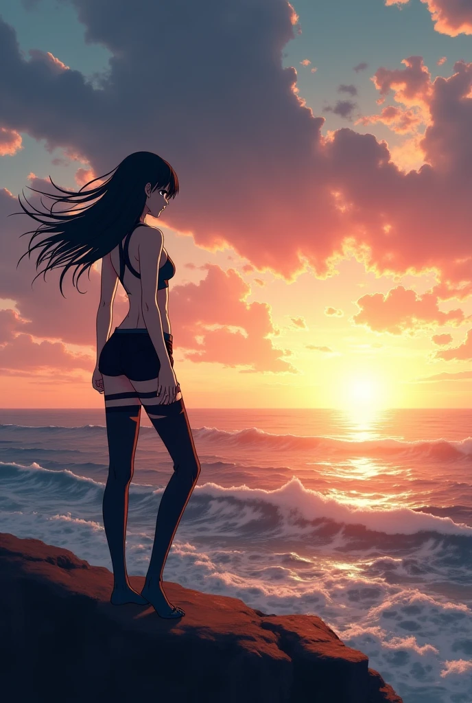 Vast sky, beautiful skyline, wide grasslands, very tense and dramatic pictures, moving visual effects, hanging high Polaris, colorful natural glare. Girl in bra and panties
